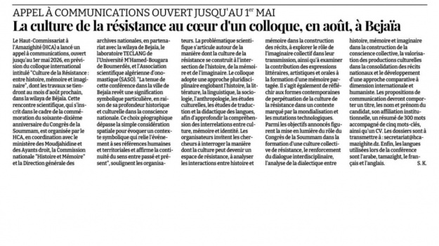 La Culture de la Résistance au Cœur d'un Colloque, en Aout, à Bejaïa/Journal l'Algérie Aujourd'hui